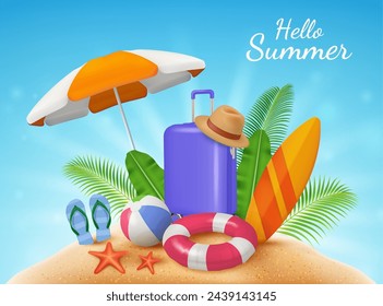 Realistic hello summer card or banner with beach and tropical vibes. Vector umbrella giving shade for baggage and hat, surfboard and palm tree leaves. Lifebuoy and flip flops, ball and sea star