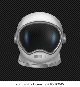 Realistic helmet from astronauts, isolated critical component of suit. Vector modern equipment for open space with transparent visor and oxygen tubes protective mask against vacuum and airless space