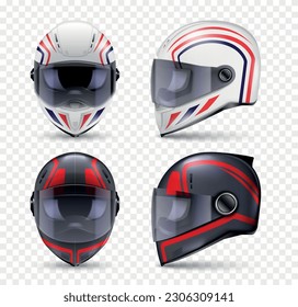 Realistic helmet motorbike set of isolated front and side view images of crash helmet with artwork vector illustration