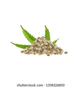 Realistic hemp seeds with leaf on white background. Marijuana bunch. Cannabis pile. Vector illustration.