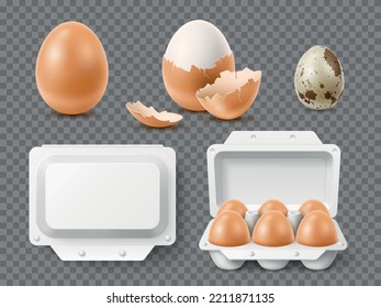 Realistic hen and quail eggs. Fresh raw and boiled natural products, whole and broken, yolk and albumen, blank cardboard packaging, Healthy organic food, breakfast meal utter vector isolated set