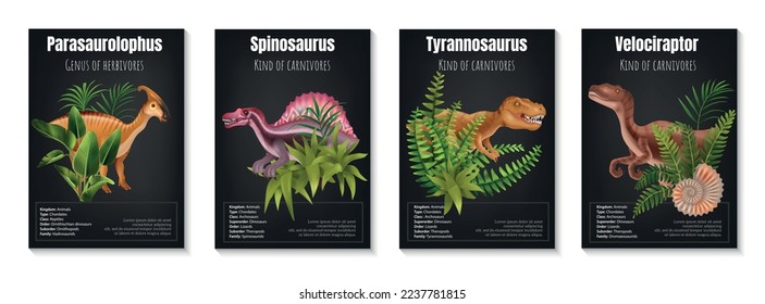 Realistic herbivore and carnivore dinosaurs poster set with information about parasaurolophus spinosaurus tyrannosaurus and velociraptor on black background isolated vector illustration