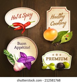 Realistic herbs and spices decorative kitchen badges set on wooden background isolated vector illustration