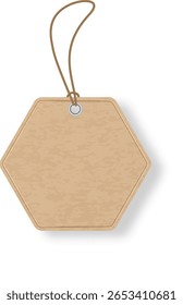 Etiqueta de papelão hexagonal realista pendurada em uma corda com nós, isolada em um fundo branco, criando um visual simples, mas eficaz para varejo, rotulagem de produtos ou conceitos que dão presentes