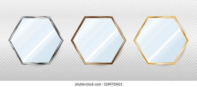 Espejos hexagonales realistas en marcos metálicos, de bronce y de oro. Placa de vidrio reflectante. Ilustración vectorial 3d aislada en fondo transparente.