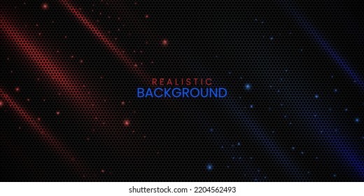 Realistic hexagonal pattern in dark background with red and blue light effect and glitters