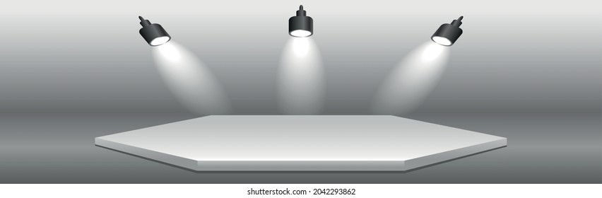 Realistic hexagonal white podium in dark studio - Vector illustration