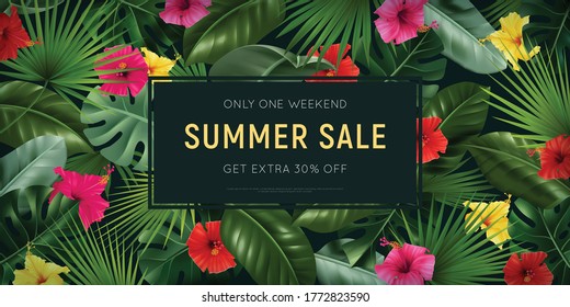Realistic hibiscus horizontal ads poster with rectangular frame editable text discount and tropical foliage flowers background vector illustration