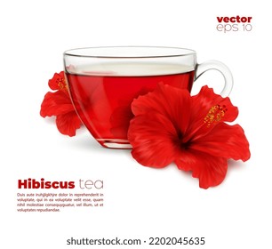 Realistic hibiscus tea cup and flower for herbal flavor drink package, 3D vector. Red tea with floral flavor of hibiscus flower, organic healthy drink pack design with transparent glass teacup or pot