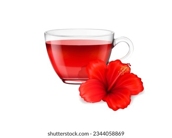 Realistic hibiscus tea cup and flower, herbal drink and organic beverage vector background. Hibiscus tea or red floral tea in glass mug, isolated realistic 3D flower of hibiscus for exotic carcade tea