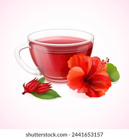 Realistic hibiscus tea. Roselle red flower hot drink cup, healthy flavor breakfast transparent glass mug with rose flowers bract heat cup pot herb infusion exact vector illustration