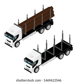 Realistic high detail empty and full of wood logs logging trucks isometric view isolated on white background