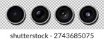 Realistic high detailed modern camera lens pack. Smartphone, camera close uo isolated on transparent background. Vector illustration