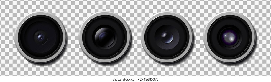 Realistic high detailed modern camera lens pack. Smartphone, camera close uo isolated on transparent background. Vector illustration