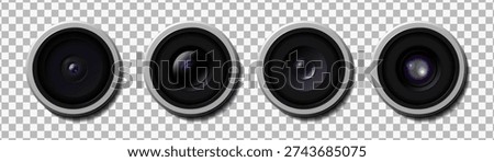 Realistic high detailed modern camera lens pack. Smartphone, camera close uo isolated on transparent background. Vector illustration
