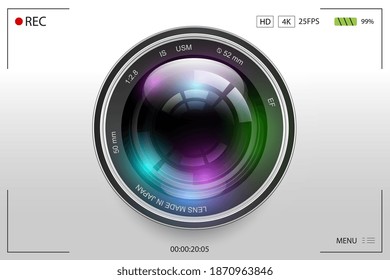 Realistic High Quality camera lens on Camera viewfinder background, Isolated. Camera photo lens. Camera screen. Camcorder viewfinder.Vector illustration for your graphic design.