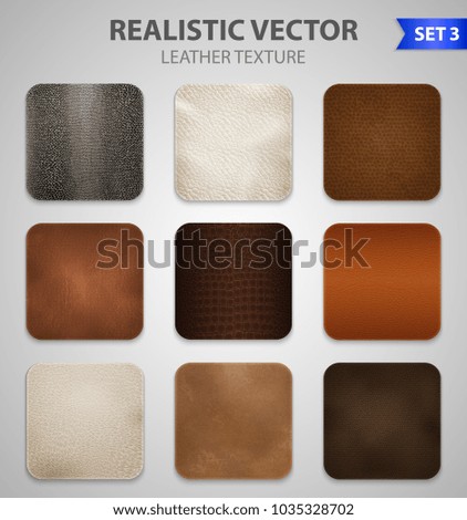 Realistic high quality genuine and artificial faux leather  texture color samples patches set grey background vector illustration