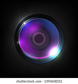 Realistic High Quality Photo Optical Lens Vector. Lens Used For Still Video Camera, Telescope, Microscope And Smartphone Or Other Apparatus. Purple Photographer Equipment 3d Illustration