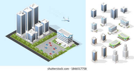 Realistic High Quality Town . Set of Isolated Isometric City Elements