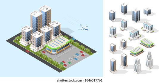 Realistic High Quality Town . Set of Isolated Isometric City Elements