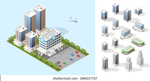 Realistic High Quality Town . Set of Isolated Isometric City Elements