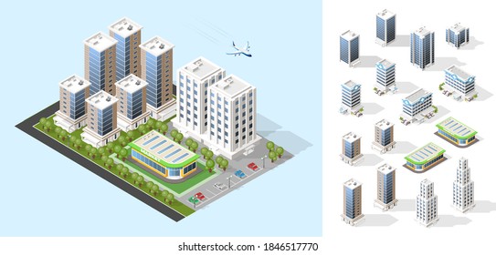 Realistic High Quality Town . Set of Isolated Isometric City Elements