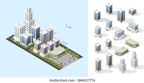 Realistic High Quality Town . Set of Isolated Isometric City Elements