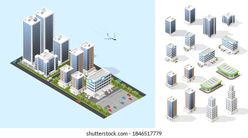 Realistic High Quality Town . Set of Isolated Isometric City Elements