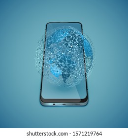 Realistic high-detailed smartphone with projected globe and connections, vector illustration