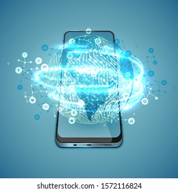 Realistic high-detailed smartphone with projected globe and connections, vector illustration