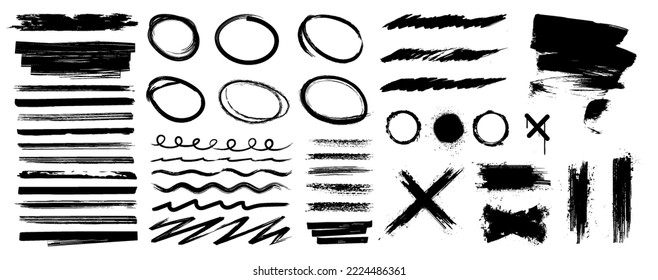 Realistic highlighter, underline, marker lines. Round stroke lines, strokes, marker lines, paint brush, cross. Isolated Hand-drawn grunge collection. Brushstroke, underline, marker highlighter. Vector