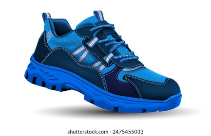 Realistic hiking shoe safety blue leather rubber black fabric on white design for men vector illustration.