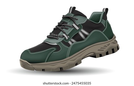 Realistic hiking shoe safety green leather rubber black fabric on white design for men vector illustration.