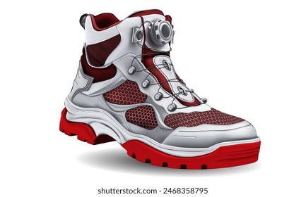 Realistic hiking shoe white red leather rubber fabric steel hook on white design for men vector illustration.