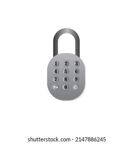 Realistic hinged metal closed padlock icon with black dial and numeric keypad for entering pin code. Isolated object on a white background