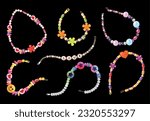 Realistic hippie bracelet set with isolated images of string love beads with snaps on black background vector illustration