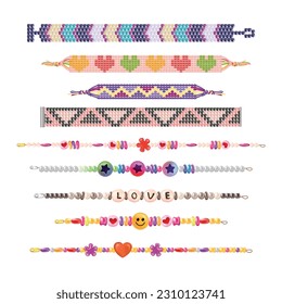 Pulseras de amistad hippie realistas con imágenes aisladas de coloridas cuentas de amor de cuerdas con varios ornamentos ilustración vectorial