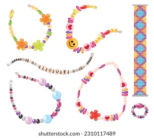 Juego de pulseras de collar hippie realistas con decoraciones aisladas hechas de coloridas cuentas de amor en ilustración vectorial de fondo en blanco