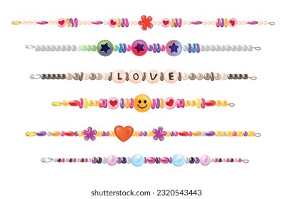 Realistic hippie necklace bracelet set with isolated horizontal strings with love beads images of different color vector illustration