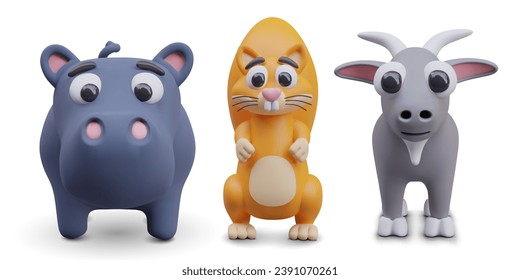 Realistic hippopotamus, orange squirrel, and gray goat. Models for farm online game. Composition with animals. Vector illustration in 3D style with white background