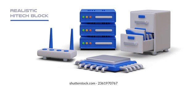 Realistic hitech block. Blue server, office drawer unit, router, microprocessor. Storage, processing and transmission of information. Data archiving. Automated management, work with command protocol