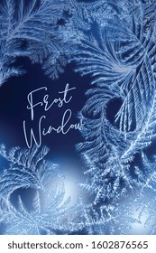 Realistic hoarfrost vertical poster with editable ornate text and dark blue background with swirls of frost vector illustration