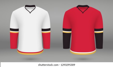 Realistic hockey kit Calgary Flames, shirt template for ice hockey jersey. Vector illustration