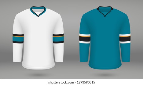 Realistic hockey kit San Jose Sharks, shirt template for ice hockey jersey. Vector illustration