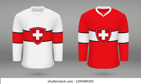 Realistic hockey kit team Switzerland, shirt template for ice hockey jersey. Vector illustration