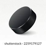 Realistic hockey puck. Black metal object on copy space. Team and gra and sport, active lifestyle. Tournament and competition. 3D vector illustration isolated on transparent background