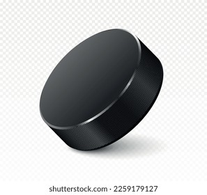 Realistic hockey puck. Black metal object on copy space. Team and gra and sport, active lifestyle. Tournament and competition. 3D vector illustration isolated on transparent background