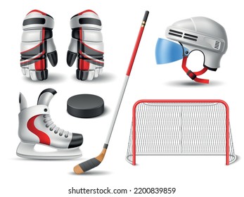 Realistic hockey set. Sport uniform elements and accessories, 3d gloves skate pucks and stick, goal and helmet, skates side view, professional equipment, winter ice games, utter vector set