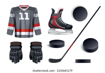 Realistisches Hockeyset mit einheitlichen Handschuhen und Stangen, einzelne Vektorgrafik