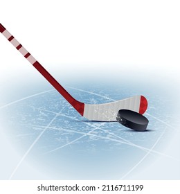 Realistic hockey stick and puck on ice rink during match vector illustration